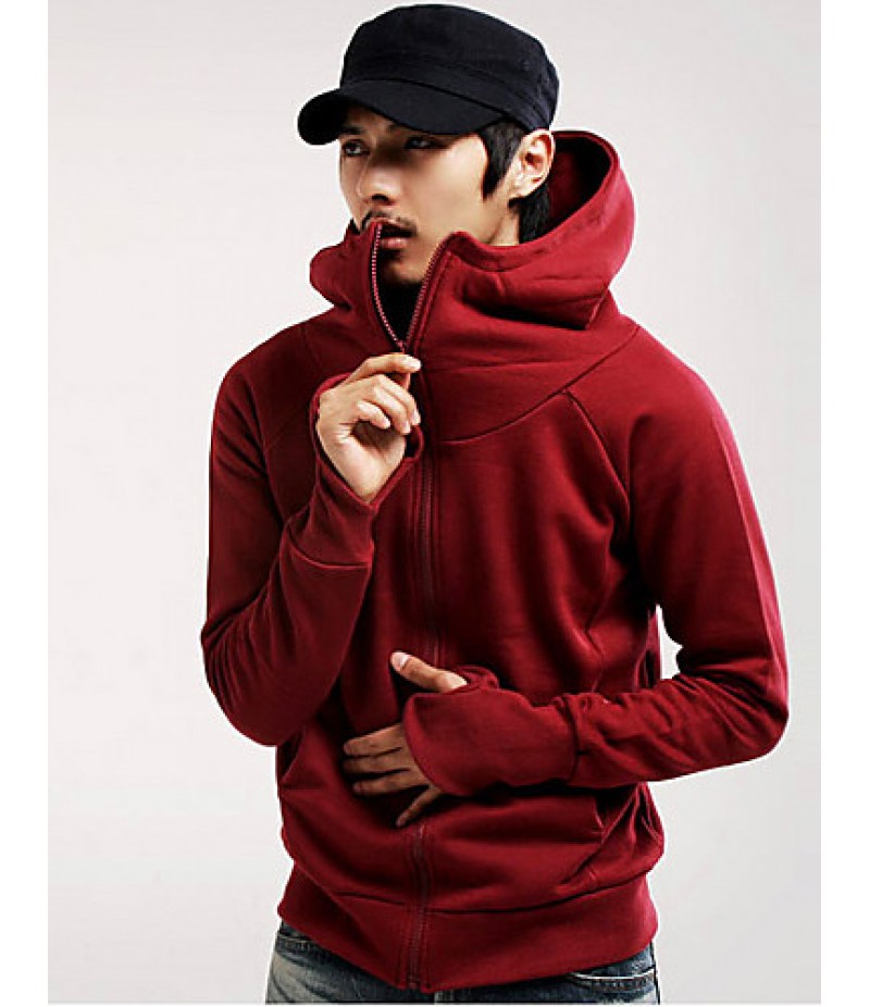 Men's Long Sleeve Hoodie & Sweatshirt,Cotton / Polyester Solid