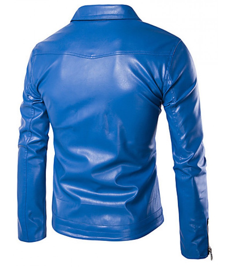 Men's Long Sleeve Casual / Formal / Plus Size Jacket,Special Leather Types Solid Black / Blue