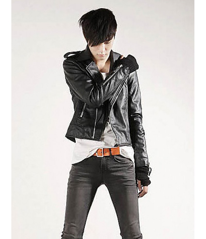 Hot Sale Men's Slim Fit Buckles Collar Leather PU Leather Jacket Coat