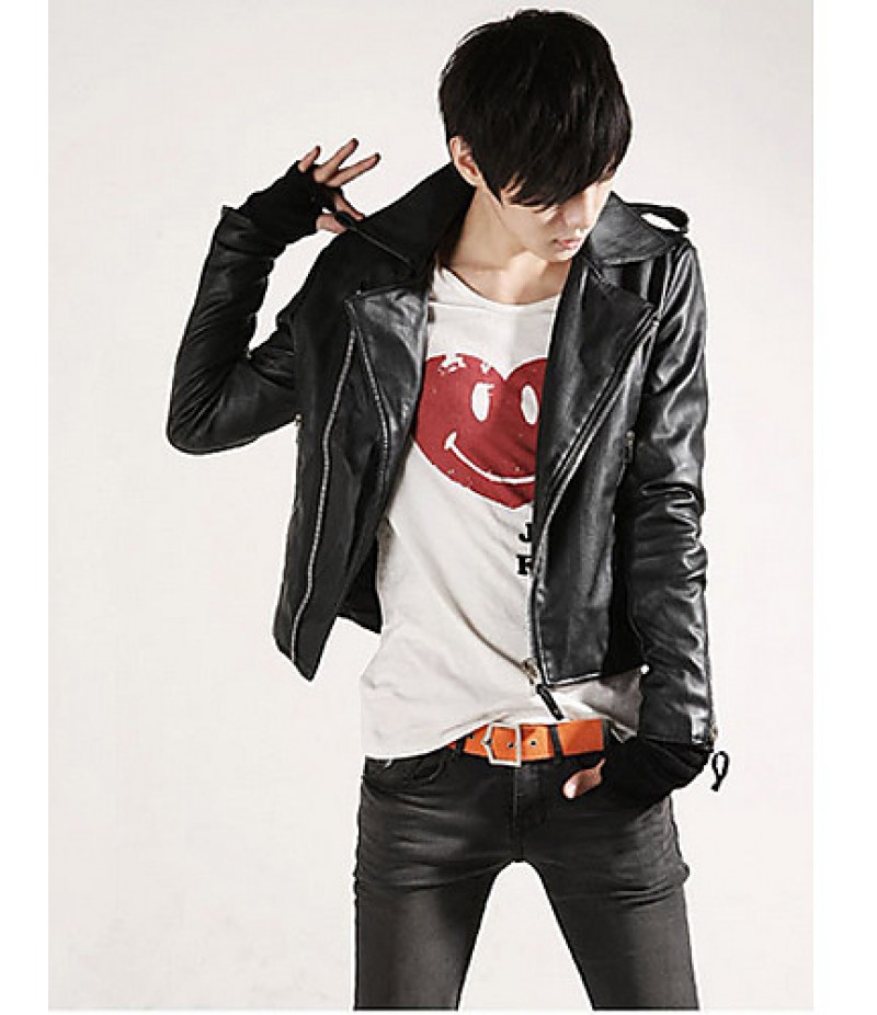 Hot Sale Men's Slim Fit Buckles Collar Leather PU Leather Jacket Coat