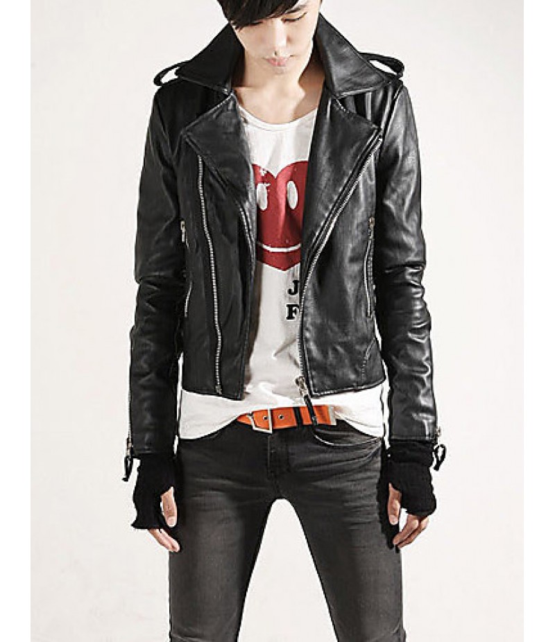 Hot Sale Men's Slim Fit Buckles Collar Leather PU Leather Jacket Coat