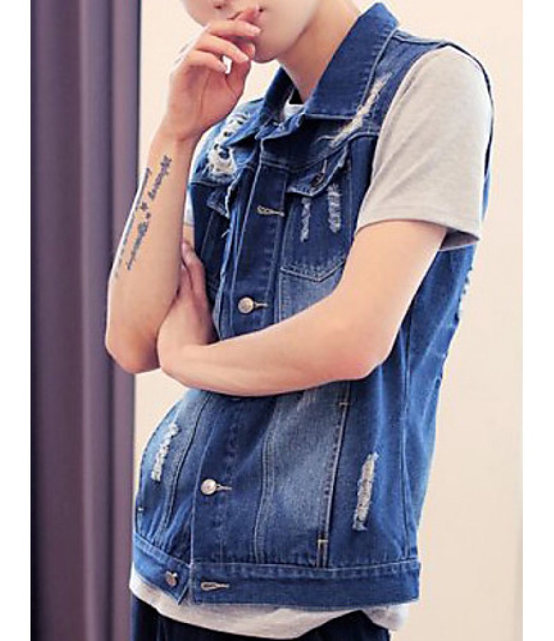 Men's Sleeveless Casual Jacket,Cotton Solid Blue