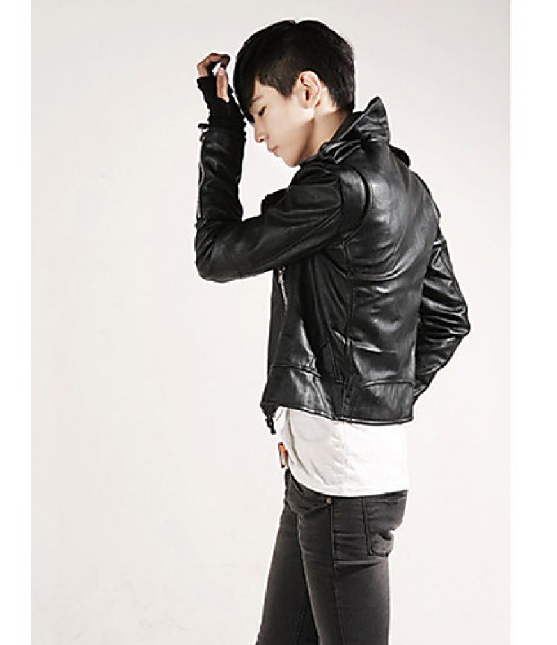 Hot Sale Men's Slim Fit Buckles Collar Leather PU Leather Jacket Coat