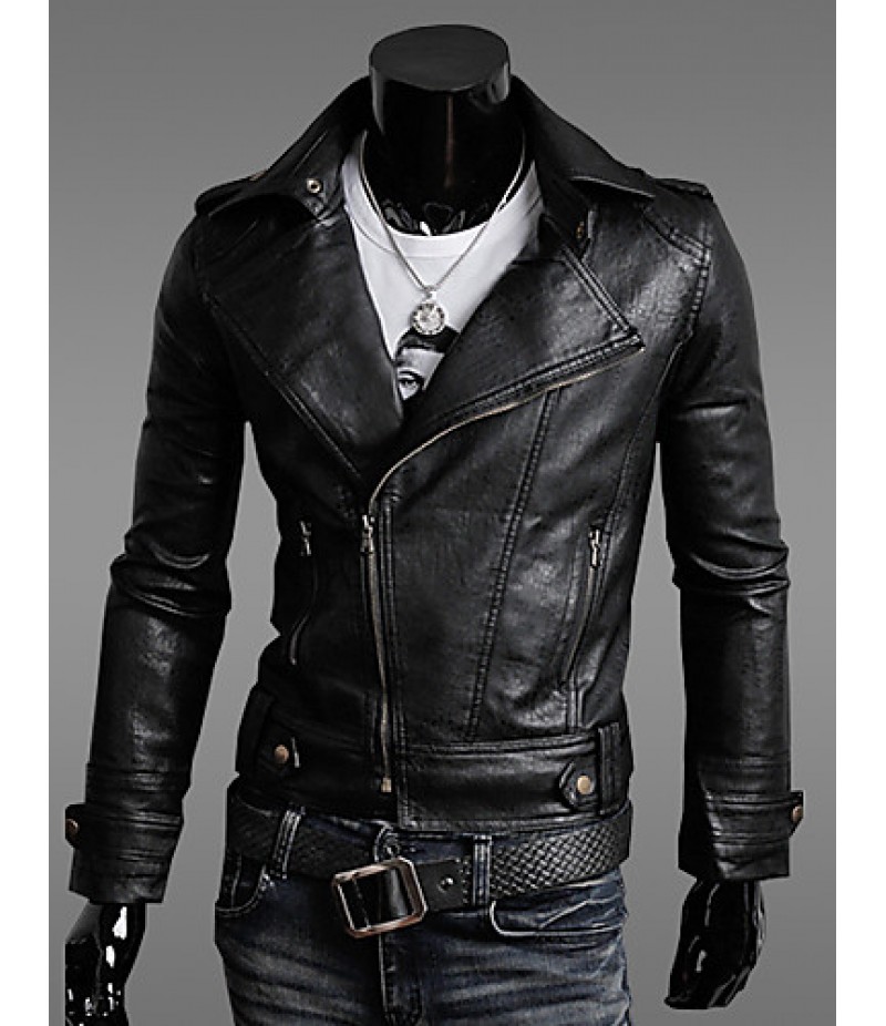 Men's Casual Slim Motorcycle PU Outerwear , Lined