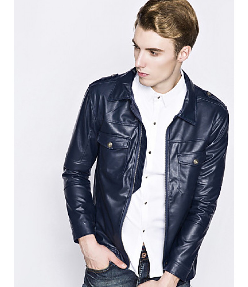 Men's European Style Fashion Double Pocket Slim Fit Motorcycle Leather Jacket