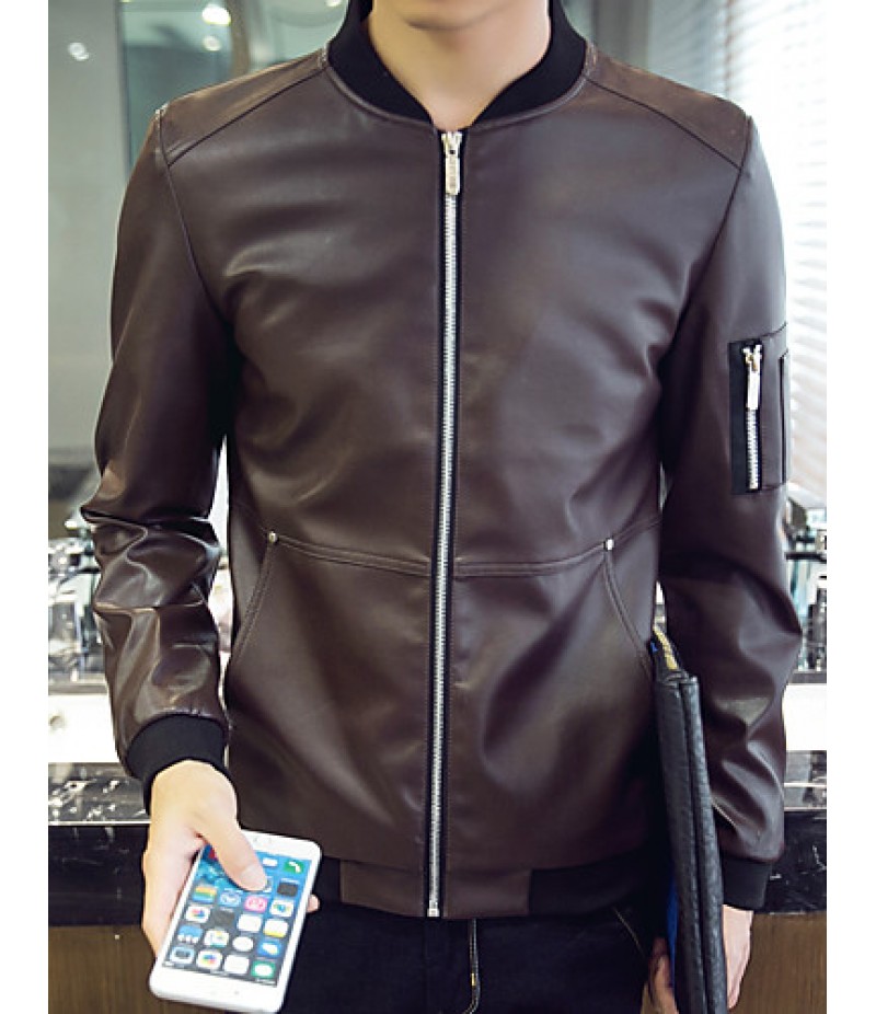 Men's Long Sleeve Casual / Work / Formal / Sport / Plus Sizes Jacket,PU / Polyester Solid Black / Blue / Brown