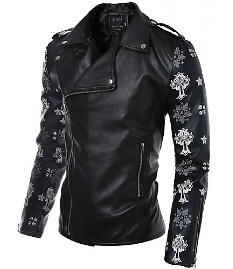 Men's Long Sleeve Casual Jacket,PU / Cotton Print Black