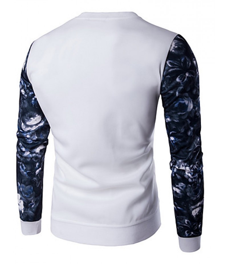 Men's Plus Size / Casual/Daily Simple / Active Regular Hoodies,Print / Color Block Blue / White / Black Round Neck Long Sleeve Cotton