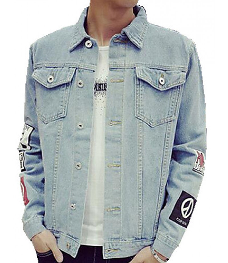 Men's Lapel Print Casual Denim Jacket