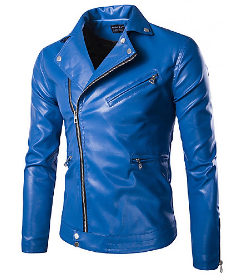 Men's Long Sleeve Casual / Formal / Plus Size Jacket,Special Leather Types Solid Black / Blue