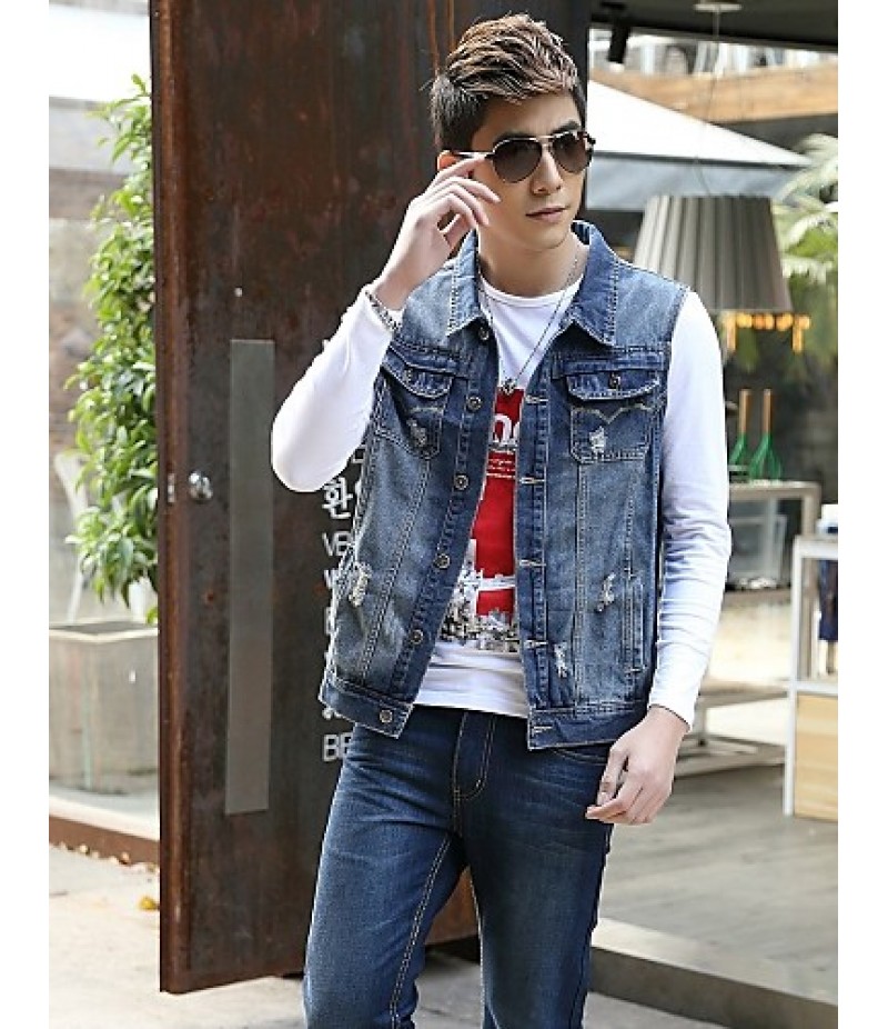 Men's Fashion Casual Solid Blue Sleeveless Jacket, Regular Denim / Jean WearFashion Blue Color All Seasons Men's Fashion Wear