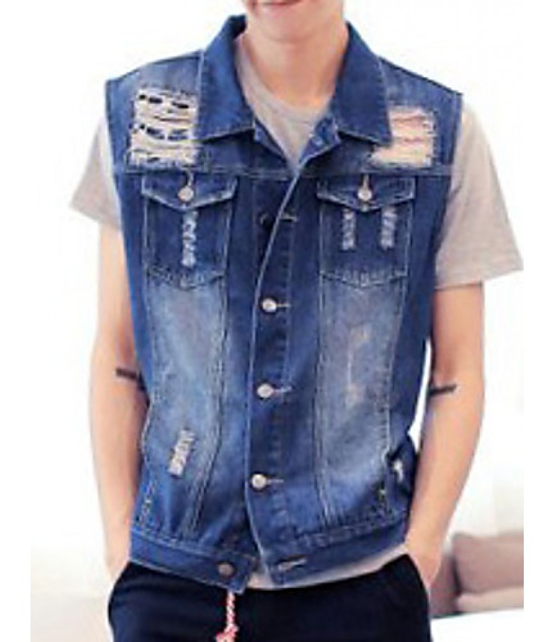 Men's Sleeveless Casual Jacket,Cotton Solid Blue