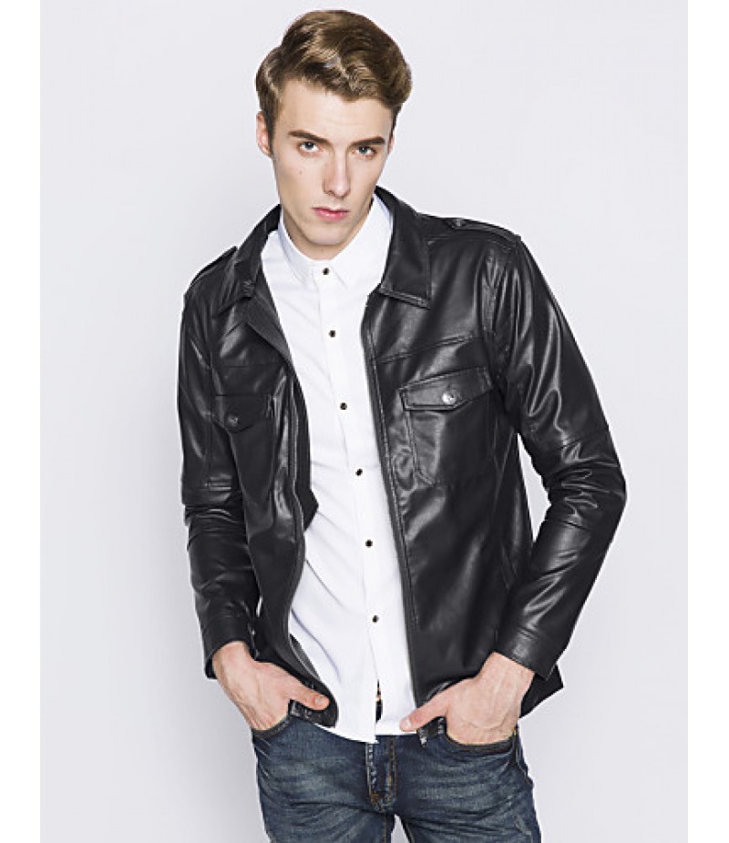 Men's European Style Fashion Double Pocket Slim Fit Motorcycle Leather Jacket