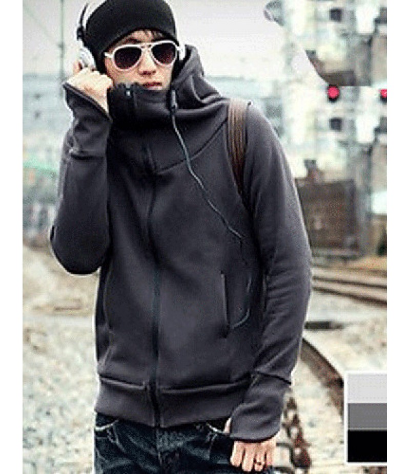 Men's Long Sleeve Hoodie & Sweatshirt,Cotton / Polyester Solid