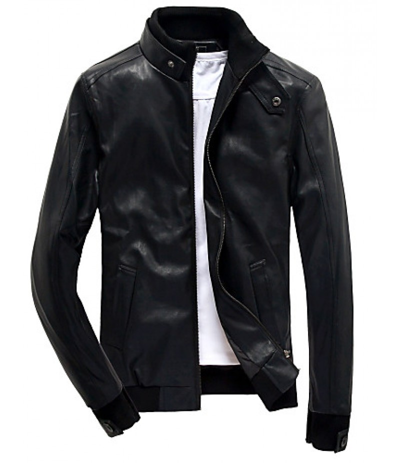 Men's Fashion Solid Stand Collar Slim Fit Casual Leather Jacket,PU / Solid