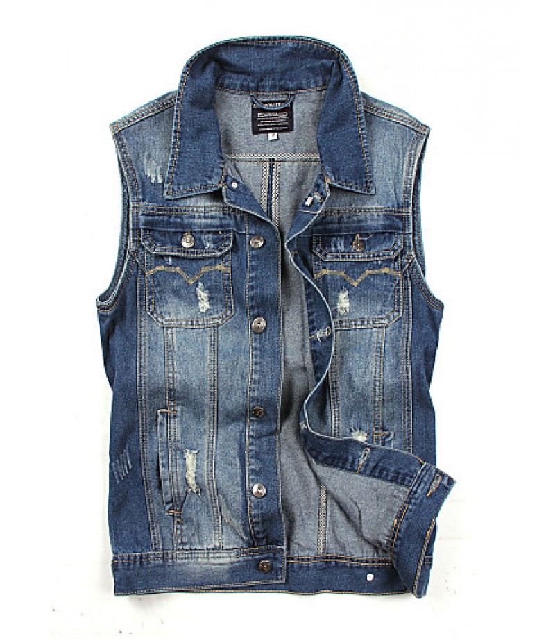 Men's Fashion Casual Solid Blue Sleeveless Jacket, Regular Denim / Jean WearFashion Blue Color All Seasons Men's Fashion Wear