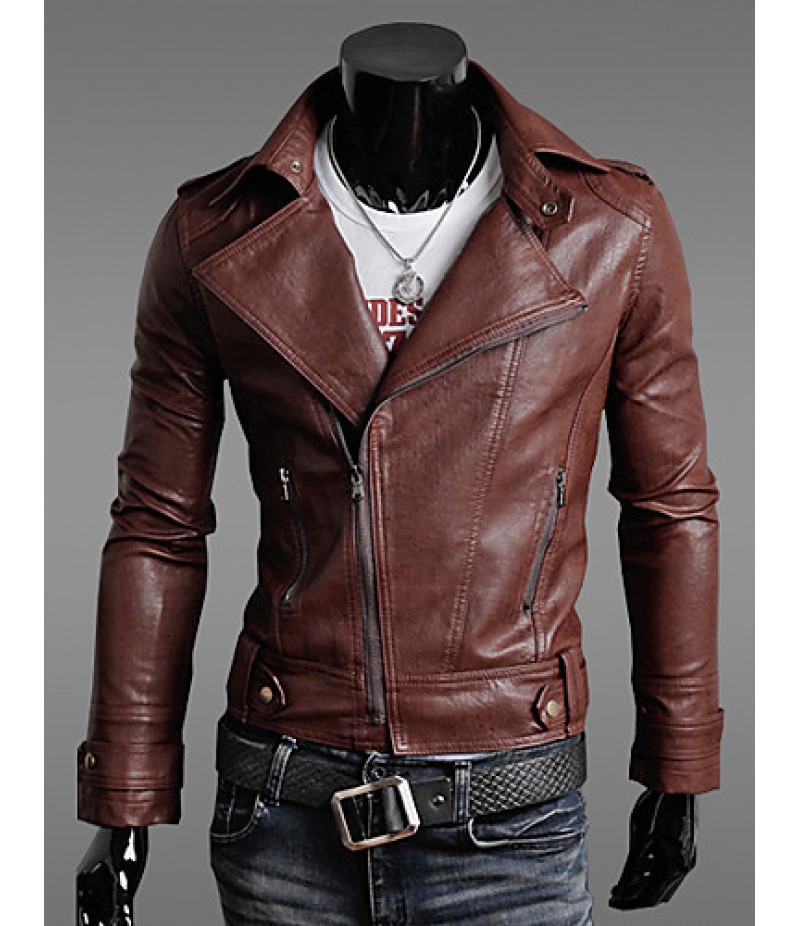 Men's Casual Slim Motorcycle PU Outerwear , Lined