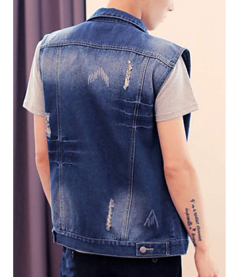 Men's Sleeveless Casual Jacket,Cotton Solid Blue