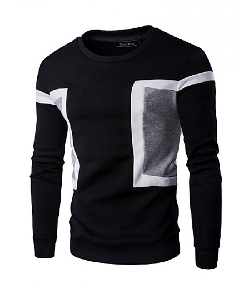 Men's Casual/Daily / Sports Simple / Active Regular Hoodies,Color Block Blue / White / Black Round Neck Long Sleeve Cotton Spring / Fall