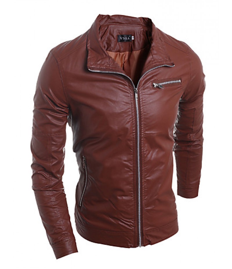 Men's Fashion Style Zipper Decorative Slim Leather Jacket