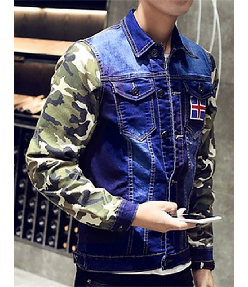 Men's Lapel Print Casual Denim Jacket