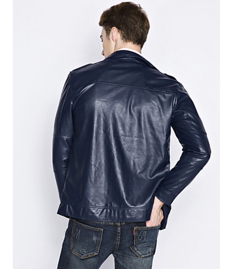 Men's European Style Fashion Double Pocket Slim Fit Motorcycle Leather Jacket