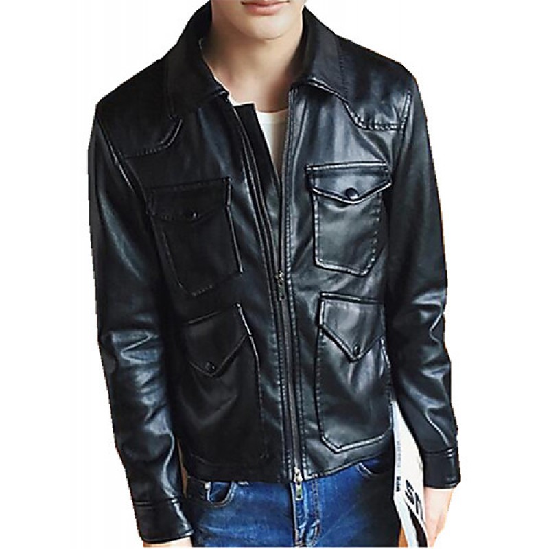 Men's Lapel Solid Casual PU Jacket