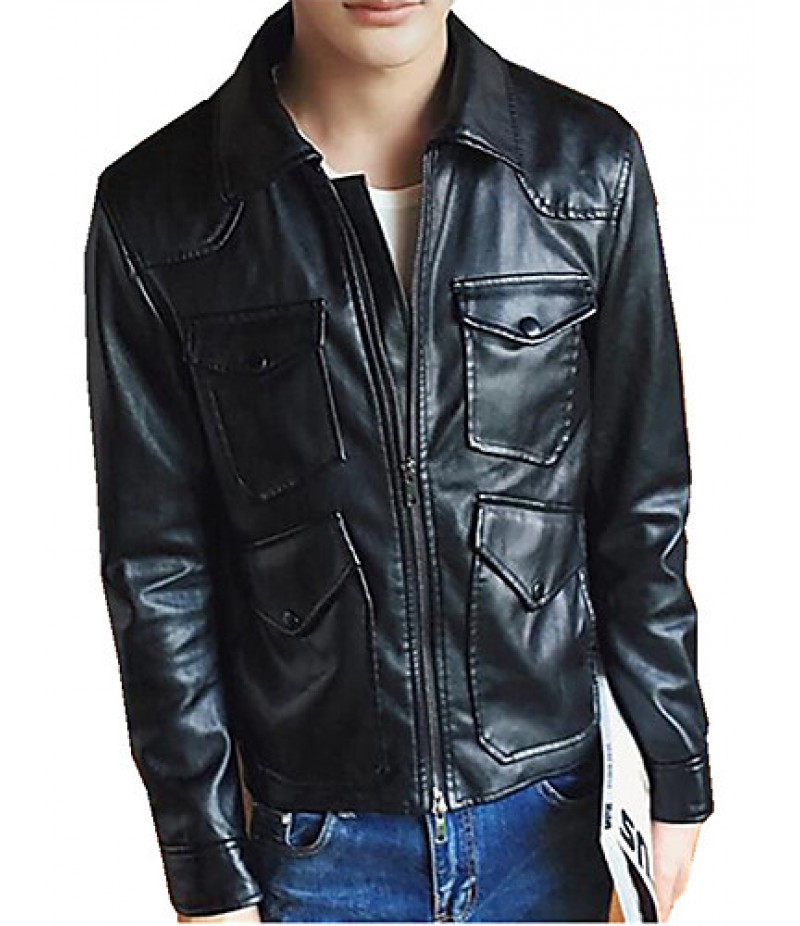 Men's Lapel Solid Casual PU Jacket