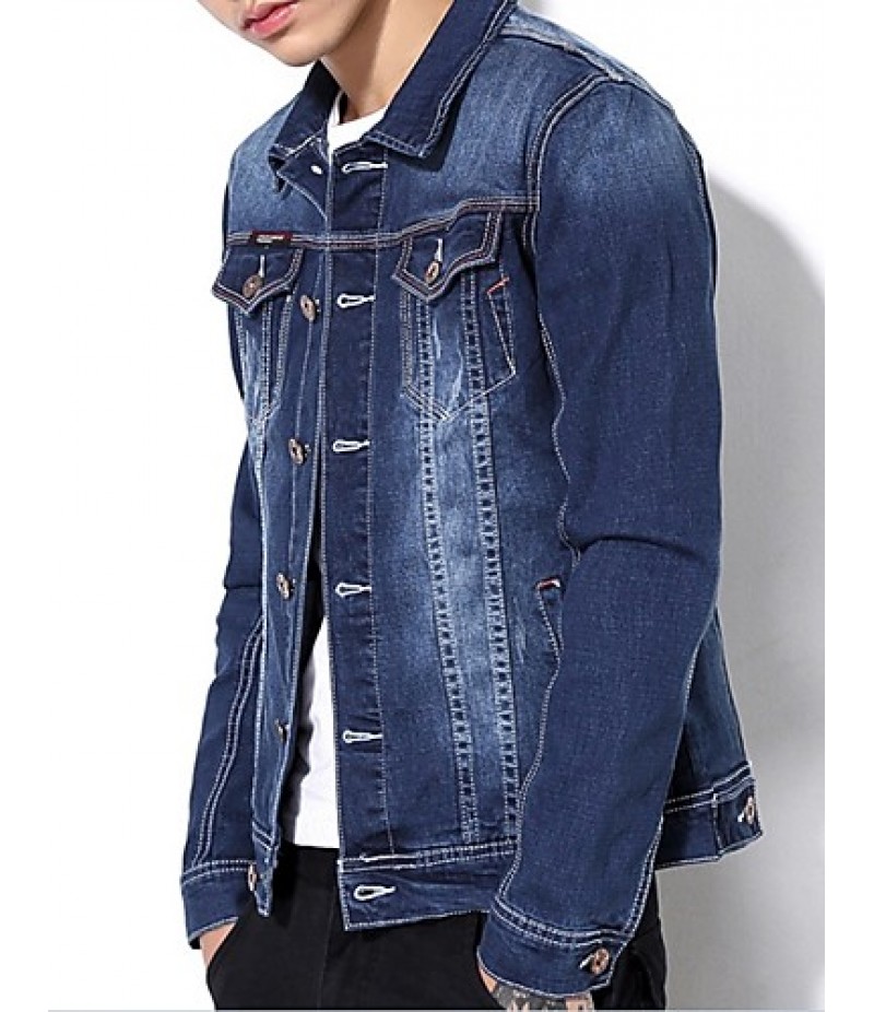 Men's Korean Slim Stretch Bleached Denim Jacket,Cotton / Polyester Solid Blue