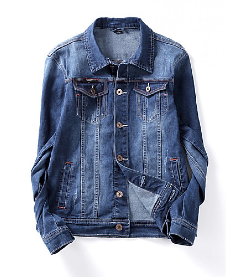 Men's Korean Slim Stretch Bleached Denim Jacket,Cotton / Polyester Solid Blue