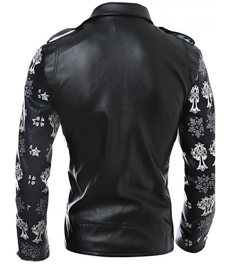 Men's Long Sleeve Casual Jacket,PU / Cotton Print Black