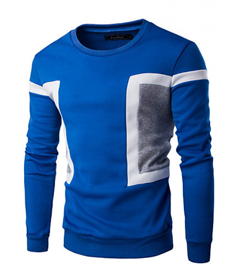 Men's Casual/Daily / Sports Simple / Active Regular Hoodies,Color Block Blue / White / Black Round Neck Long Sleeve Cotton Spring / Fall