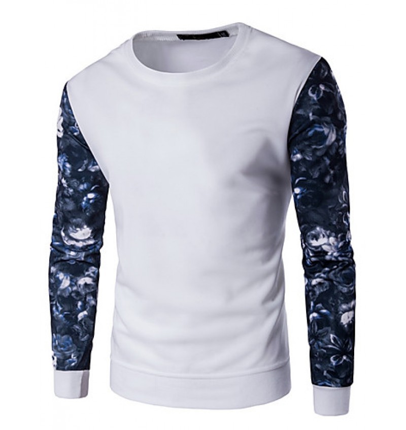 Men's Plus Size / Casual/Daily Simple / Active Regular Hoodies,Print / Color Block Blue / White / Black Round Neck Long Sleeve Cotton