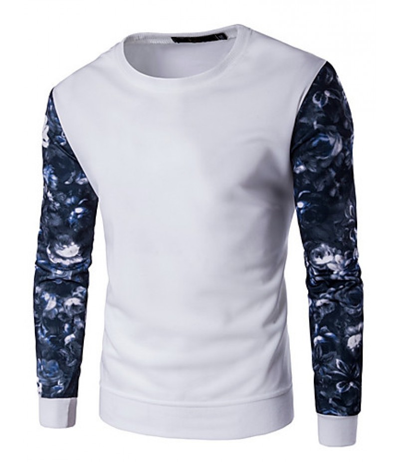 Men's Plus Size / Casual/Daily Simple / Active Regular Hoodies,Print / Color Block Blue / White / Black Round Neck Long Sleeve Cotton