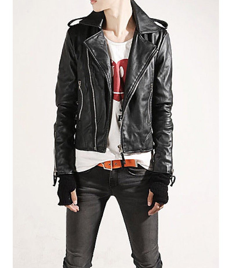 Hot Sale Men's Slim Fit Buckles Collar Leather PU Leather Jacket Coat