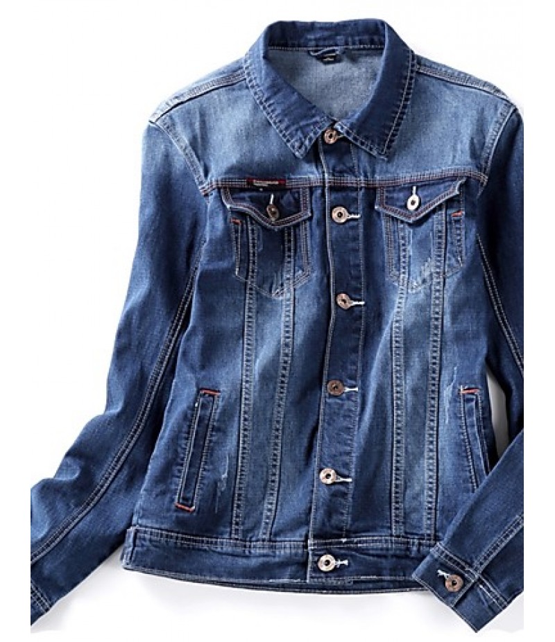 Men's Korean Slim Stretch Bleached Denim Jacket,Cotton / Polyester Solid Blue