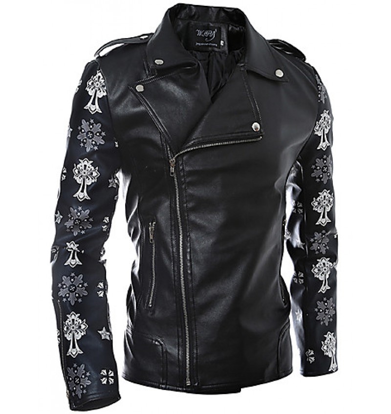 Men's Long Sleeve Casual Jacket,PU / Cotton Print Black