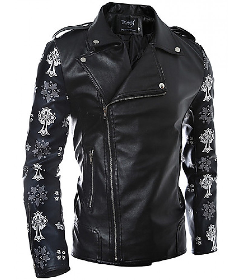 Men's Long Sleeve Casual Jacket,PU / Cotton Print Black