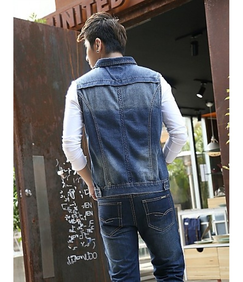 Men's Fashion Casual Solid Blue Sleeveless Jacket, Regular Denim / Jean WearFashion Blue Color All Seasons Men's Fashion Wear