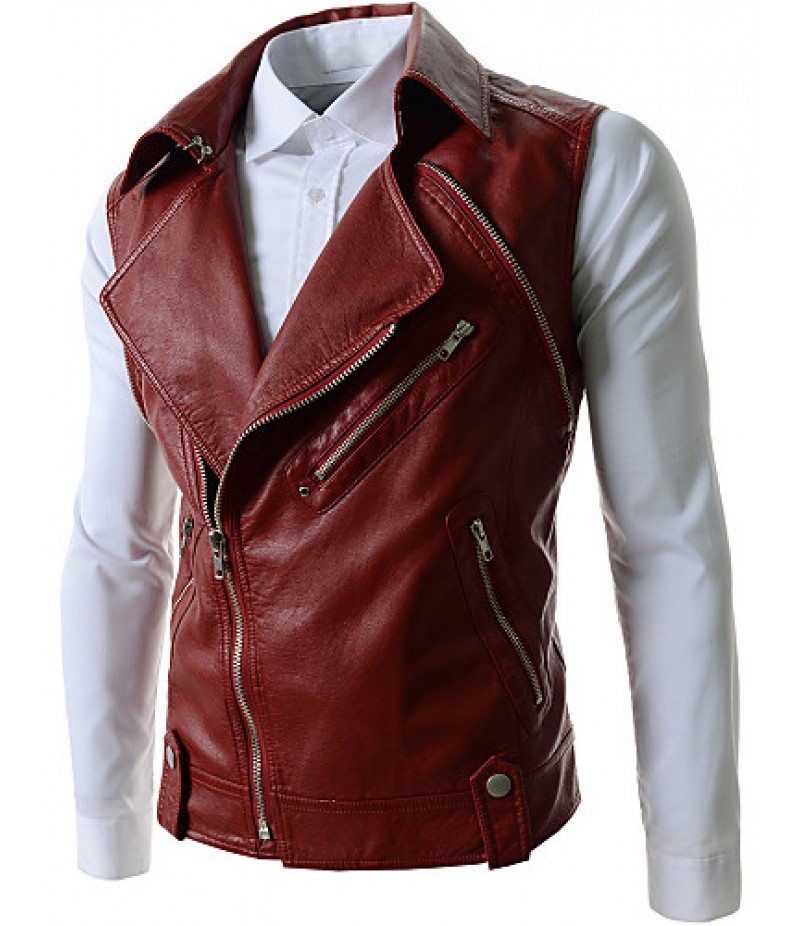 Men's Slim Detachable Sleeve Leather Jacket , Lined