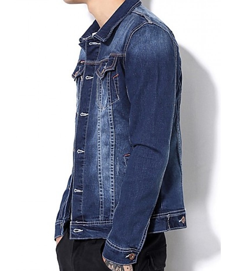 Men's Korean Slim Stretch Bleached Denim Jacket,Cotton / Polyester Solid Blue