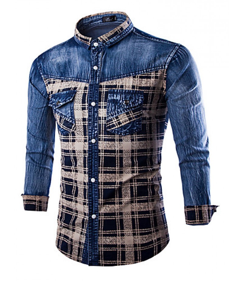 Men's Plaids & Checks Long Sleeve Top , Cotton / Denim Casual