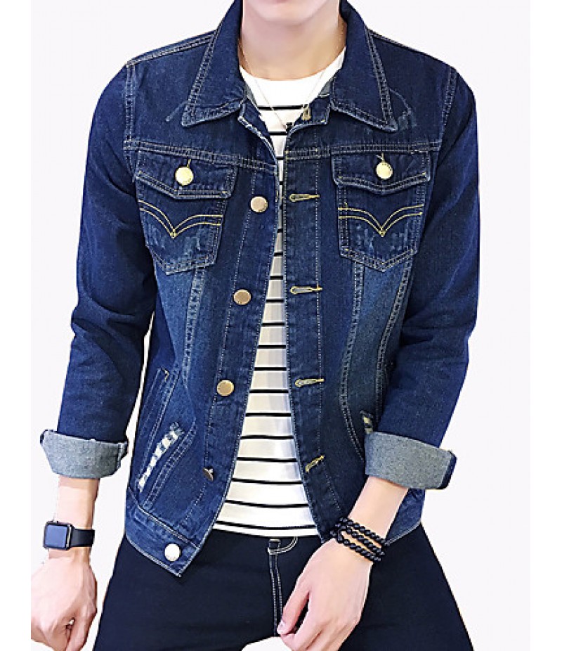 Men's Fashion Solid Broken Hole Slim Fit Casual Long Sleeve Denim Jacket,Cotton/Print/Casual/Plus Size