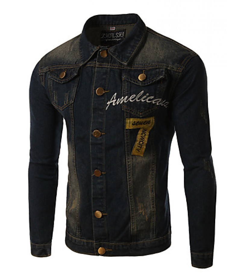 Men's Print Long Sleeve Jacket , Cotton / Denim Casual