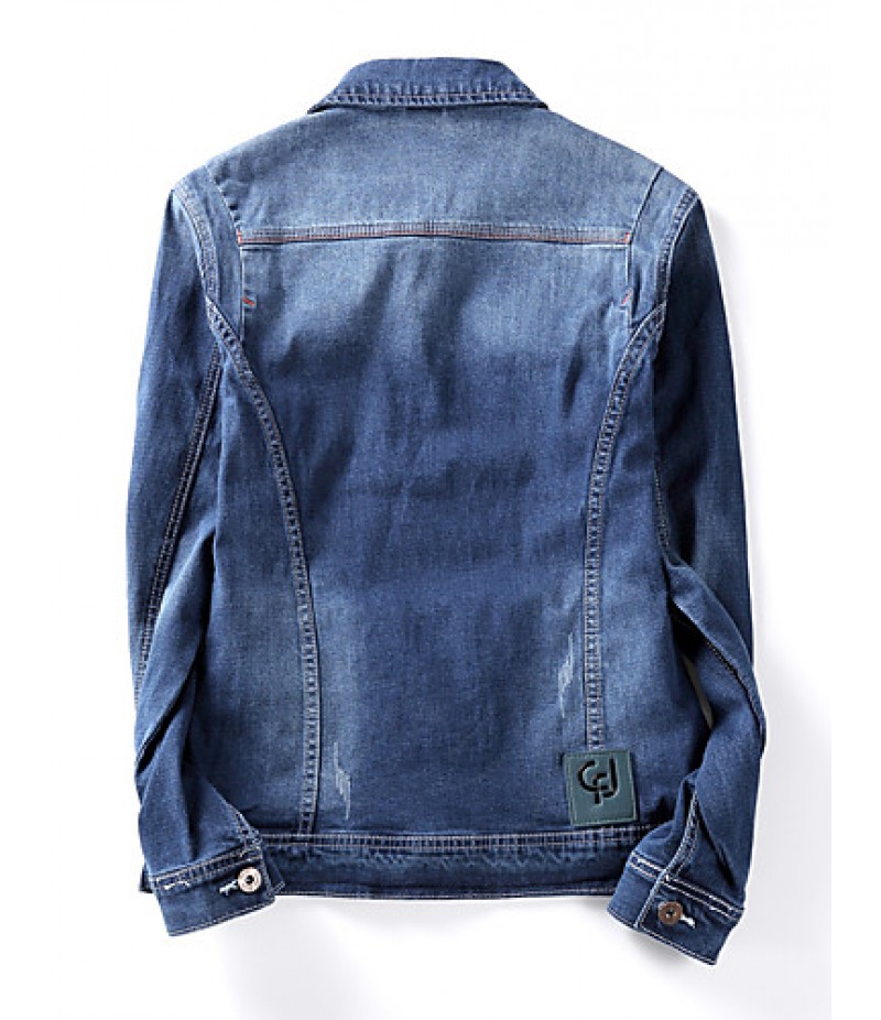 Men's Korean Slim Stretch Bleached Denim Jacket,Cotton / Polyester Solid Blue