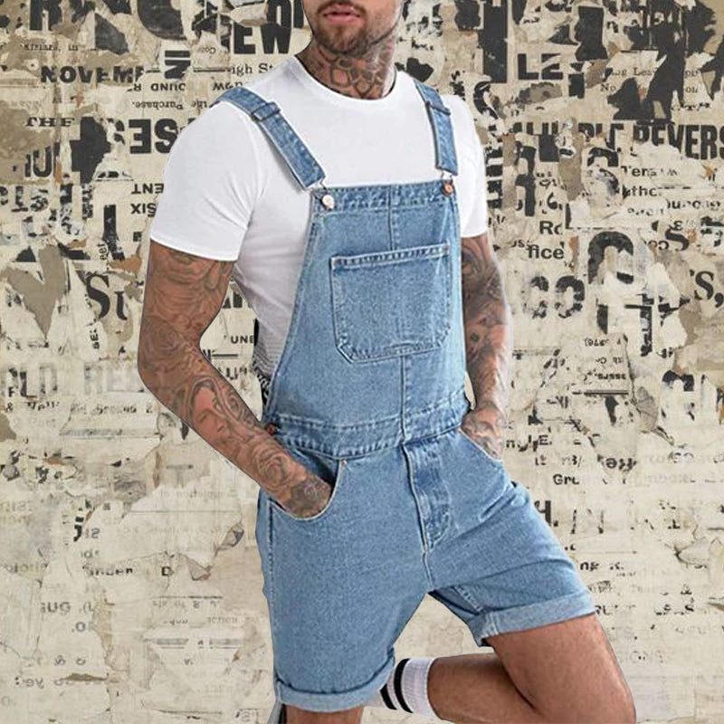 Men's Vintage Denim Ripped Cargo Shorts Jumpsuit Overall