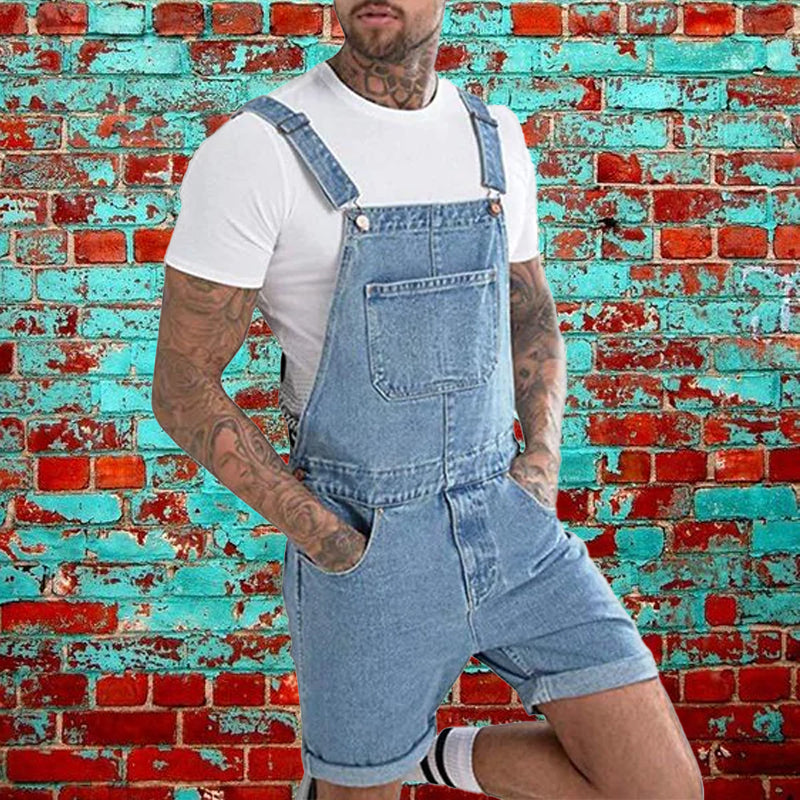 Men's Vintage Denim Ripped Cargo Shorts Jumpsuit Overall