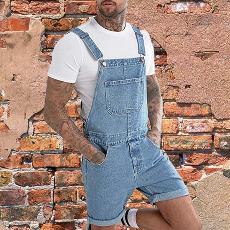 Men's Vintage Denim Ripped Cargo Shorts Jumpsuit Overall