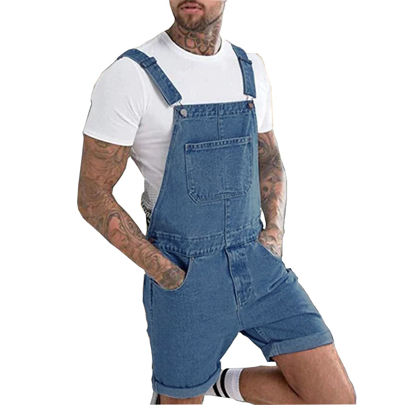 Men's Vintage Denim Ripped Cargo Shorts Jumpsuit Overall