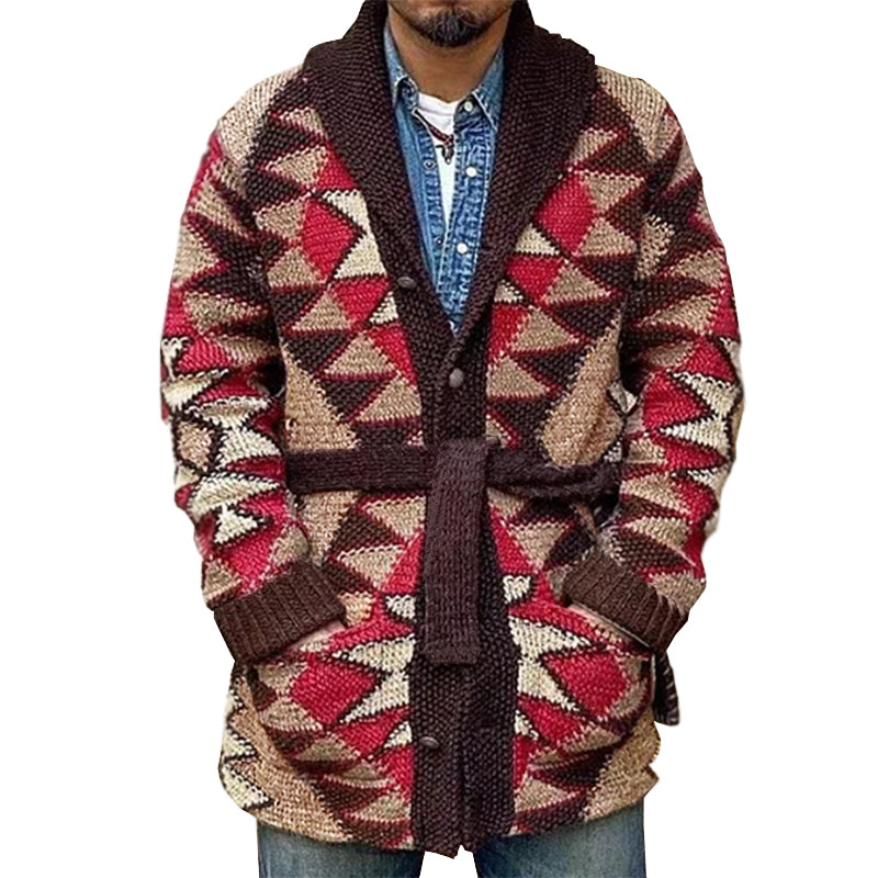 Men's Geometric Knitted Jacquard Lace-up Cardigan